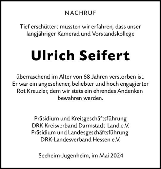 Traueranzeige von Ulrich Seifert von Darmstädter Echo