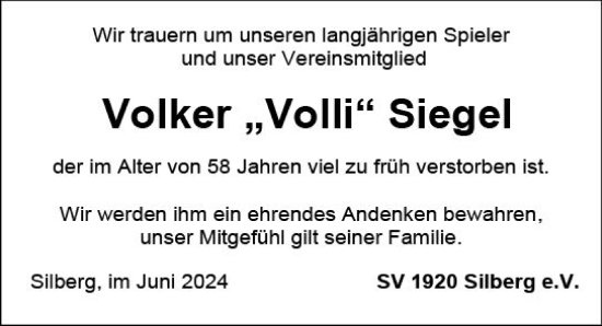 Traueranzeige von Volker  Siegel von Hinterländer Anzeiger