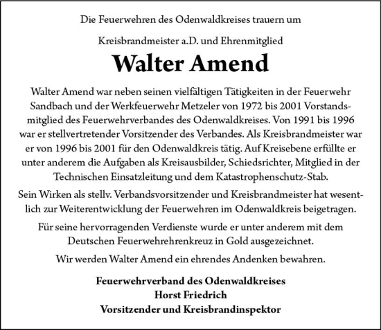 Traueranzeige von Walter Amend von Odenwälder Echo