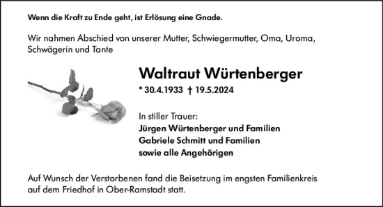Traueranzeige von Waltraut Würtenberger von Darmstädter Echo