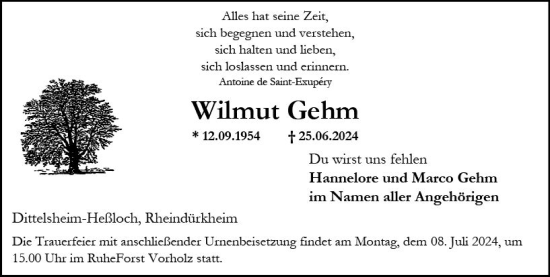 Traueranzeige von Wilmut Gehm von Allgemeine Zeitung Alzey