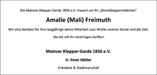 Traueranzeige von Amalie Freimuth von Allgemeine Zeitung Mainz