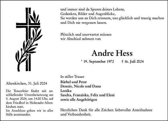 Traueranzeige von Andre Hess von Wetzlarer Neue Zeitung