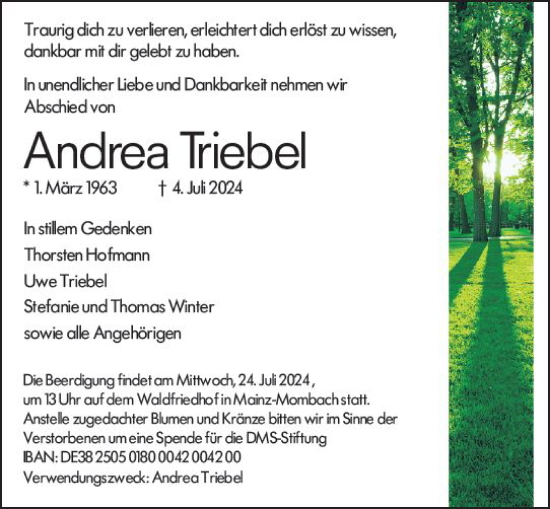 Traueranzeige von Andrea Triebel von Allgemeine Zeitung Mainz
