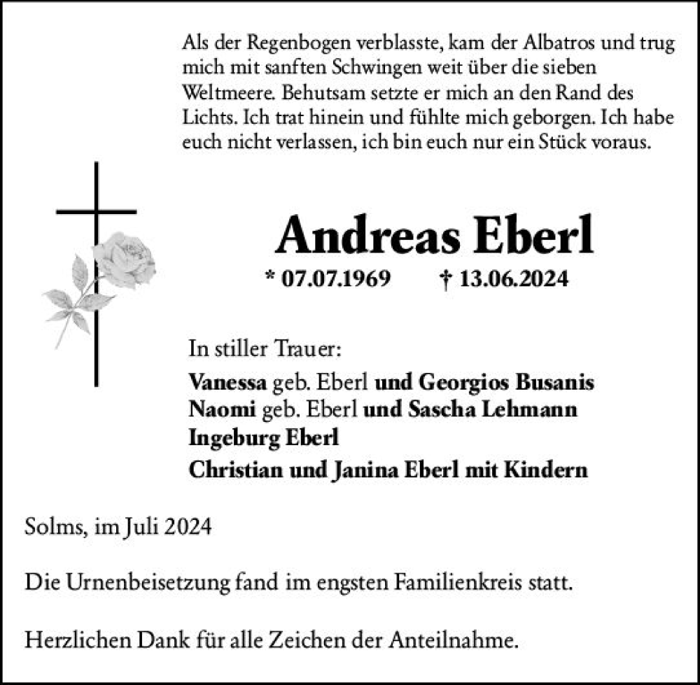  Traueranzeige für Andreas Eberl vom 02.07.2024 aus Wetzlarer Neue Zeitung