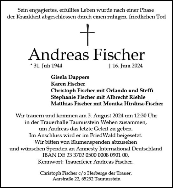 Traueranzeige von Andreas Fischer von Wiesbadener Kurier