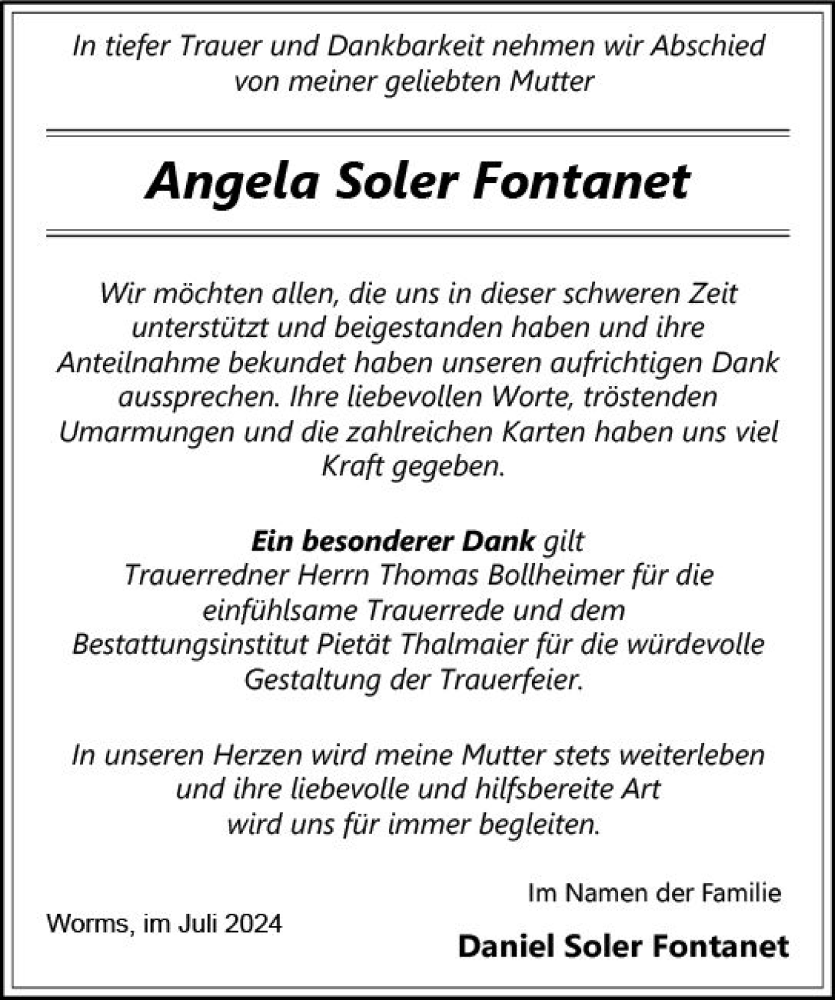  Traueranzeige für Angela Soler Fontanet vom 13.07.2024 aus Wormser Zeitung