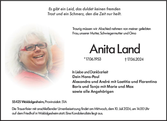 Traueranzeige von Anita Land von Allgemeine Zeitung Rheinhessen-Nahe