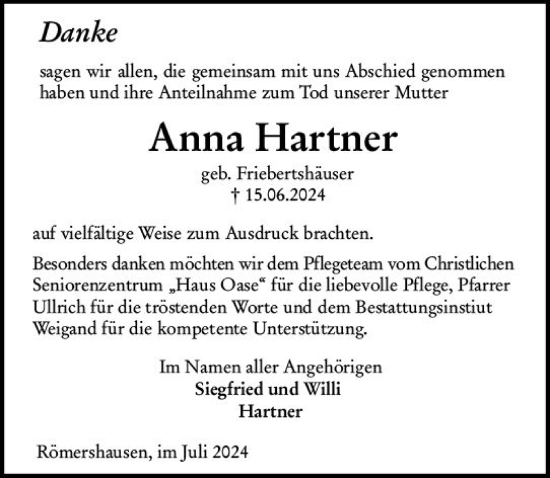 Traueranzeige von Anna Hartner von Hinterländer Anzeiger
