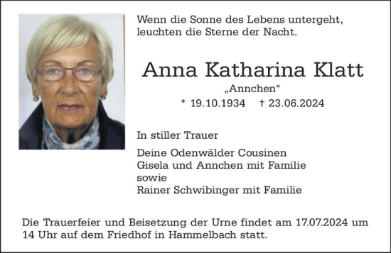 Traueranzeige von Anna Katharina Klatt von Allgemeine Zeitung Mainz