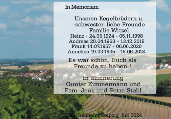 Traueranzeige von Annelies Witzel von Allgemeine Zeitung Alzey