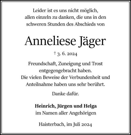 Traueranzeige von Anneliese Jäger von Odenwälder Echo