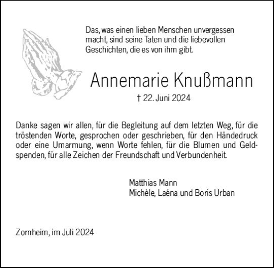 Traueranzeige von Annemarie Knußmann von Allgemeine Zeitung Mainz
