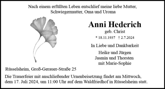 Traueranzeige von Anni Hedrich von Rüsselsheimer Echo