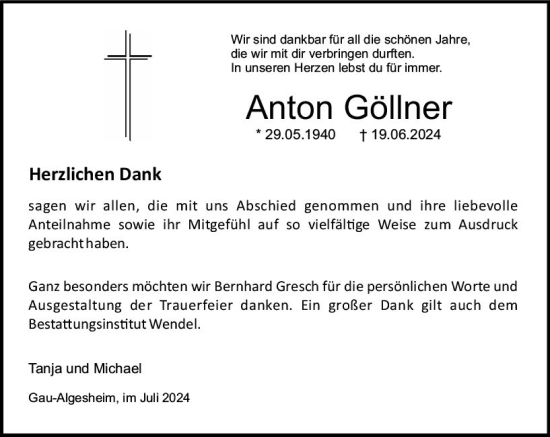 Traueranzeige von Anton Göllner von Allgemeine Zeitung Rheinhessen-Nahe