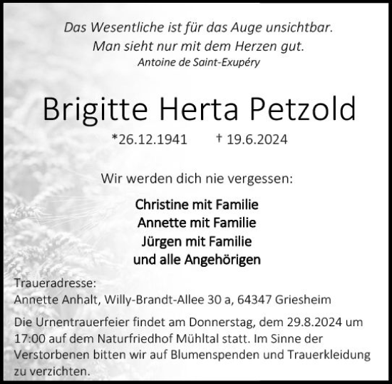 Traueranzeige von Brigitte Petzold von Darmstädter Echo