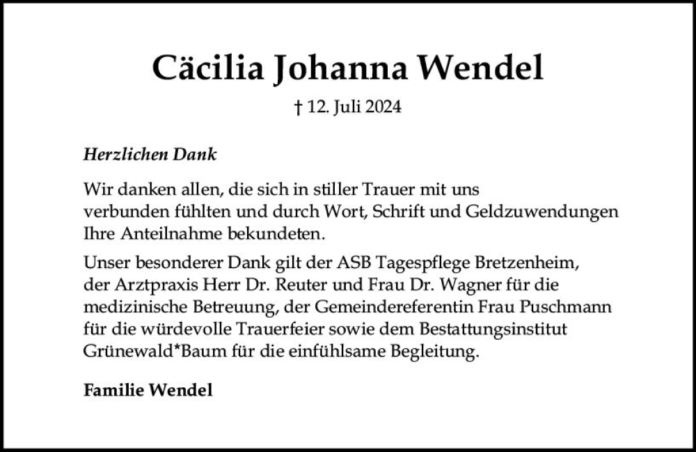  Traueranzeige für Cäcilia Johanna Wendel vom 27.07.2024 aus Allgemeine Zeitung Mainz