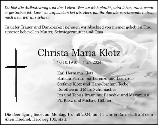 Traueranzeige von Christa Maria Klotz von Odenwälder Echo