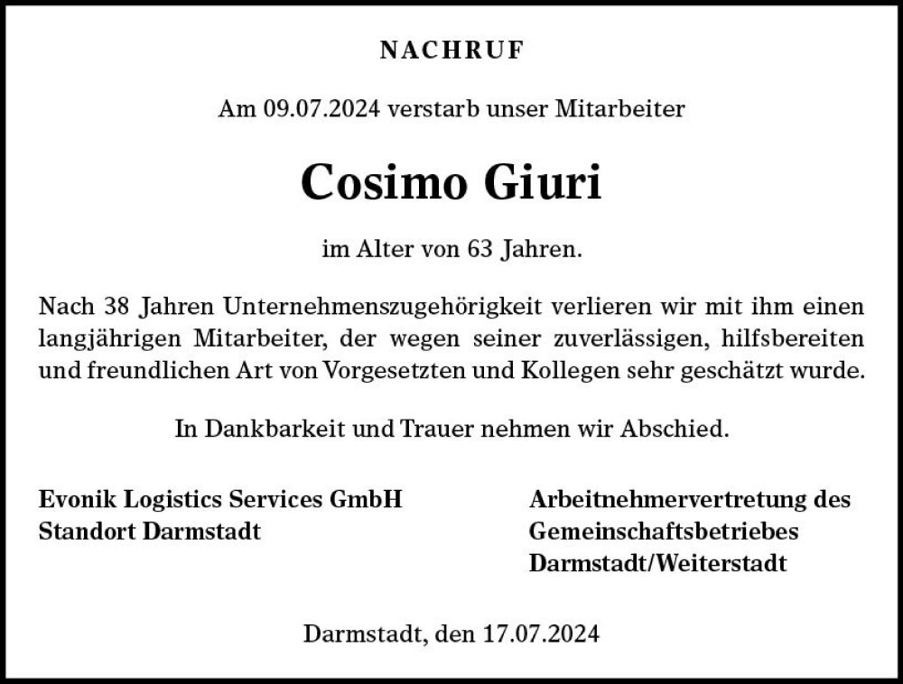 Traueranzeige für Cosimo Giuri vom 20.07.2024 aus Darmstädter Echo