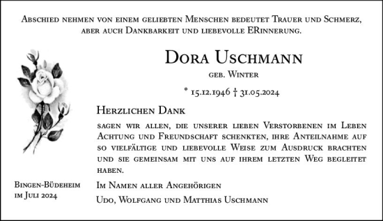 Traueranzeige von Dora Uschmann von Binger-/Ingelheimer Wochenblatt