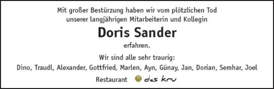 Traueranzeige von Doris Sander von Darmstädter Echo