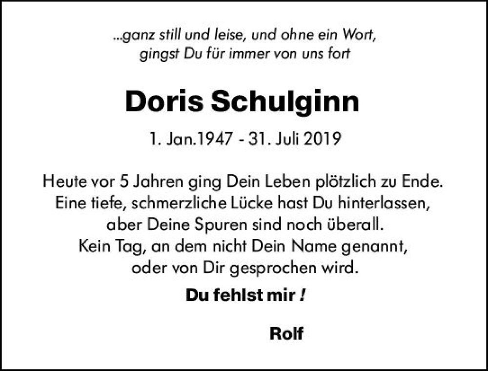  Traueranzeige für Doris Schulginn vom 31.07.2024 aus Idsteiner Land/Untertaunus