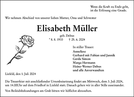Traueranzeige von Elisabeth Müller von Hinterländer Anzeiger