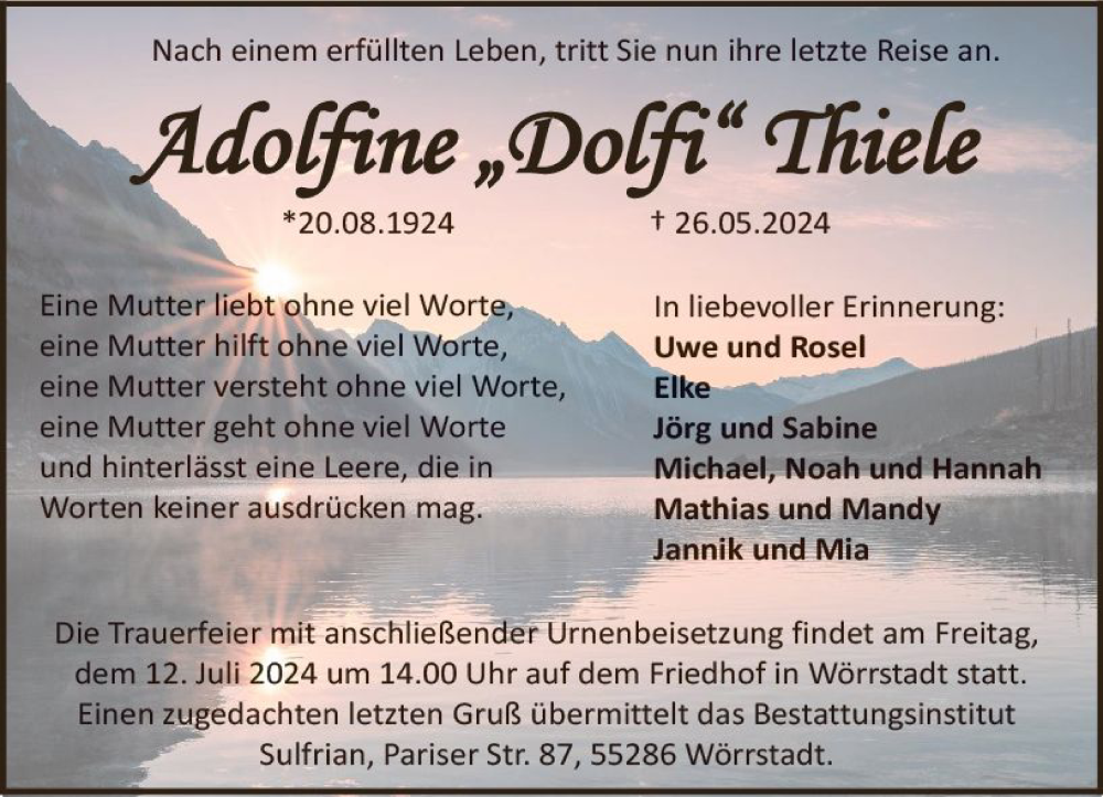  Traueranzeige für flarolfine Dotsfi Trtie vom 06.07.2024 aus Allgemeine Zeitung Alzey