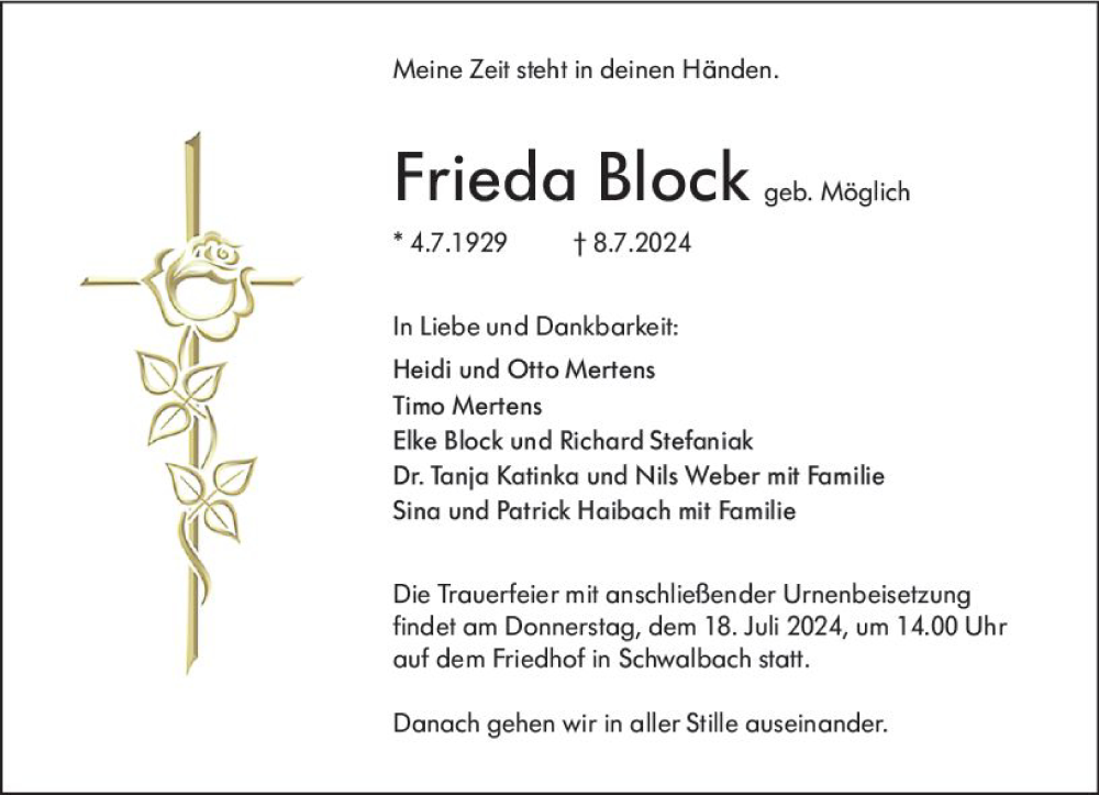 Traueranzeige für Frieda Block vom 13.07.2024 aus Wetzlarer Neue Zeitung