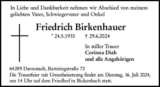 Traueranzeige von Friedrich Birkenhauer von Darmstädter Echo
