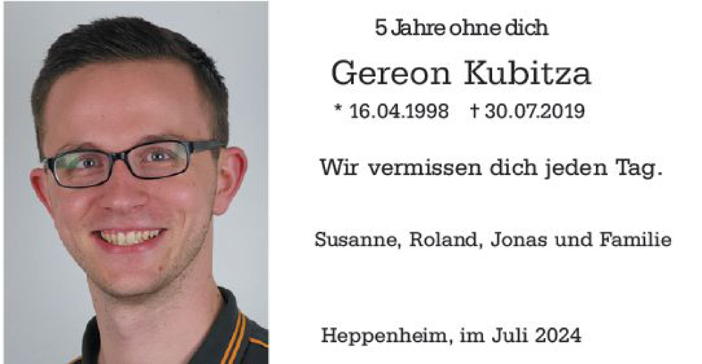  Traueranzeige für Gereon Kubitza vom 27.07.2024 aus Starkenburger Echo