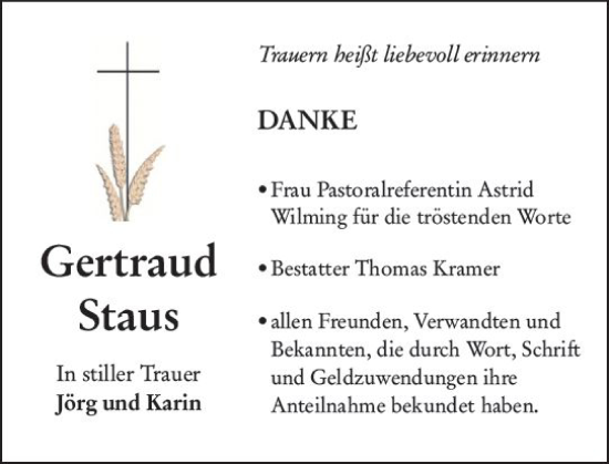 Traueranzeige von Gertraud Staus von Hinterländer Anzeiger