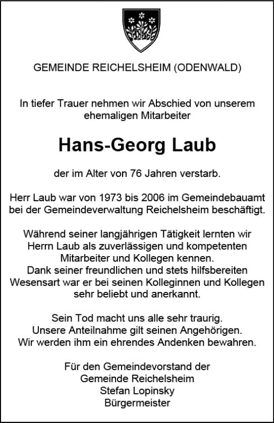 Traueranzeige von Hans-Georg Laub von Odenwälder Echo