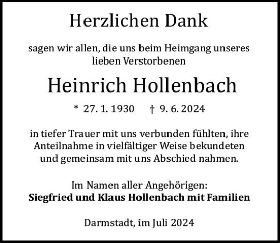 Traueranzeige von Heinrich Hollenbach von Darmstädter Echo