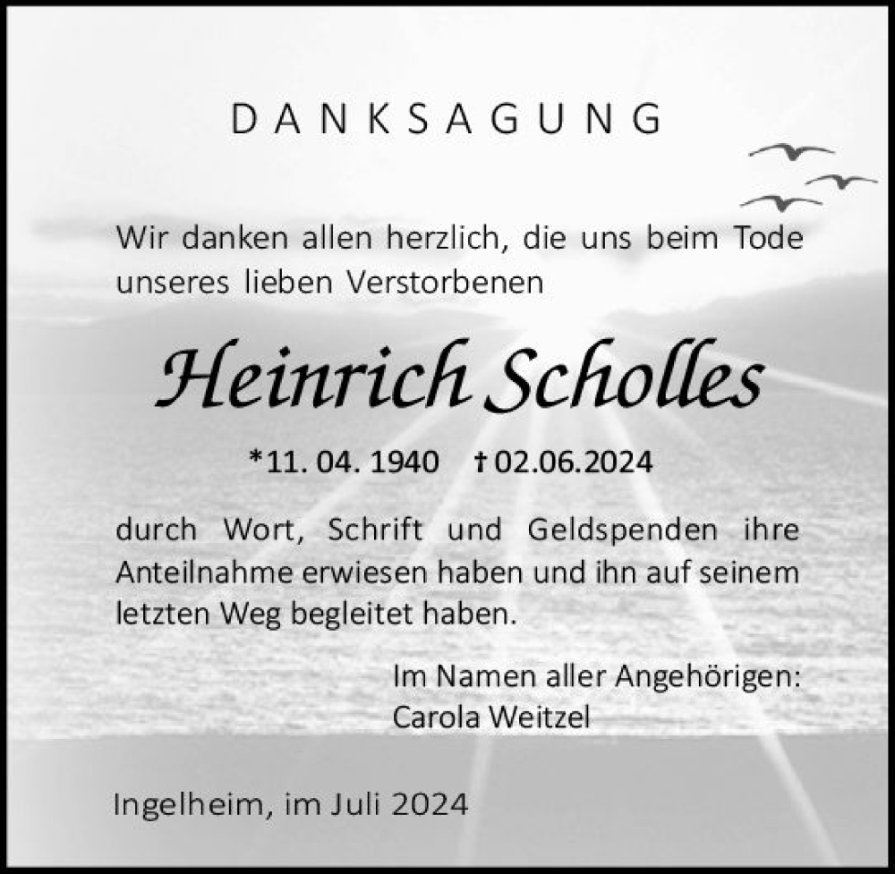  Traueranzeige für Heinrich Scholles vom 13.07.2024 aus Allgemeine Zeitung Rheinhessen-Nahe