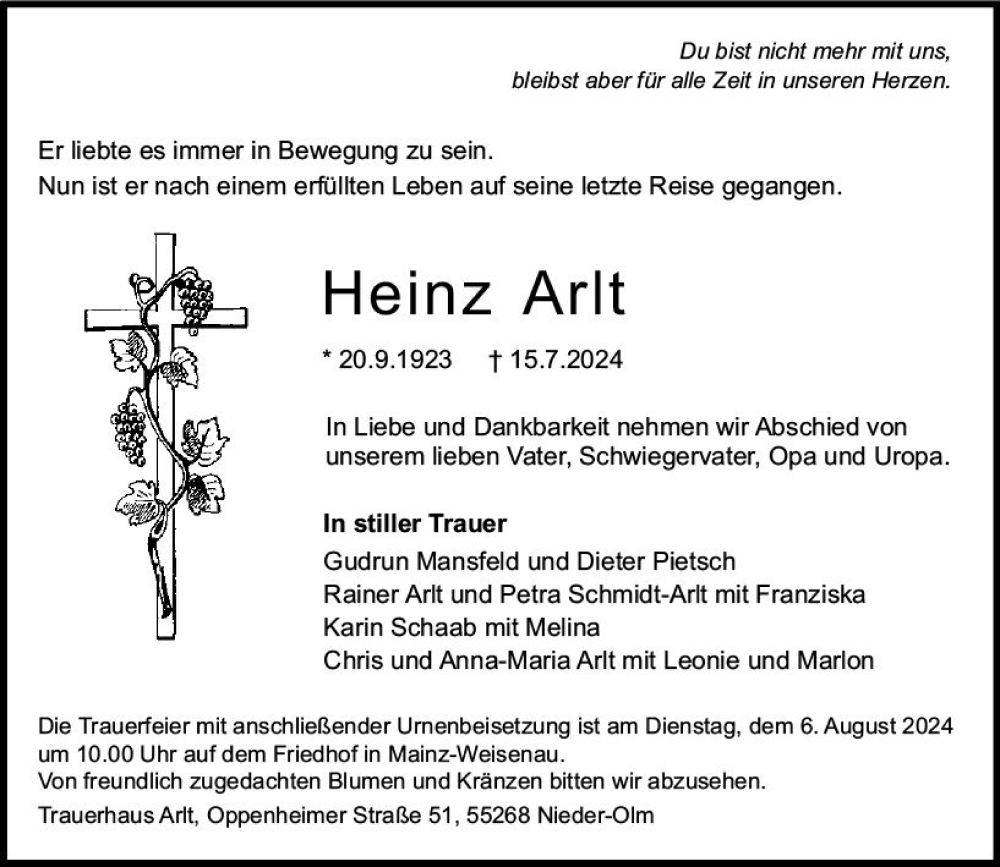  Traueranzeige für Heinz Arlt vom 27.07.2024 aus Allgemeine Zeitung Mainz