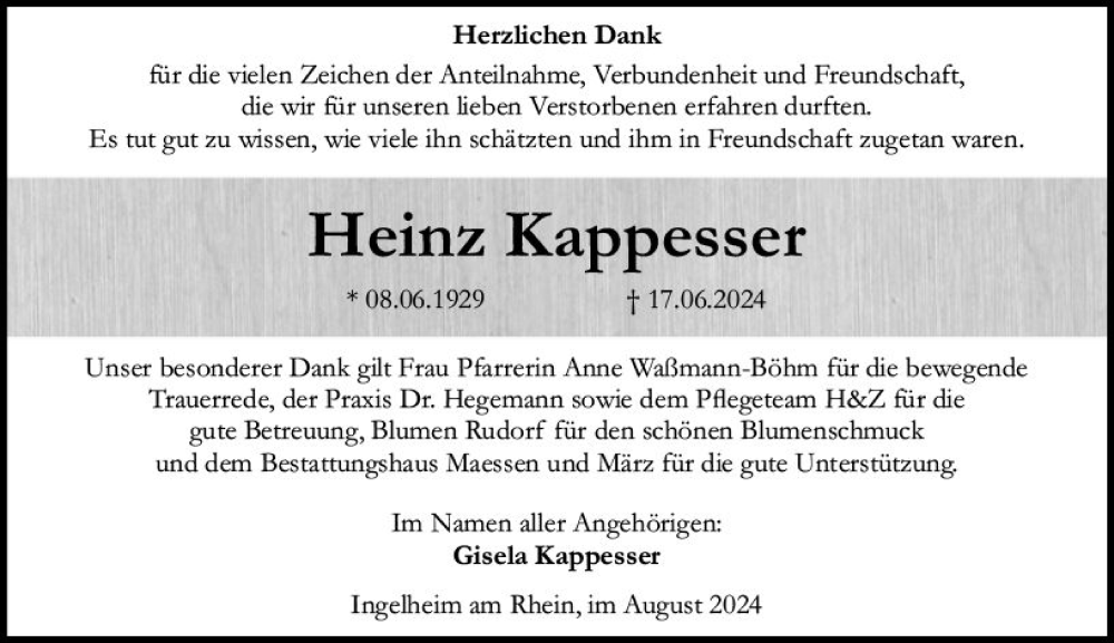  Traueranzeige für Heinz Kappesser vom 27.07.2024 aus Allgemeine Zeitung Rheinhessen-Nahe