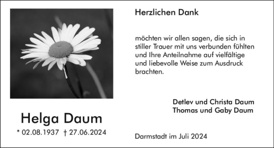 Traueranzeige von Helga Daum von Odenwälder Echo