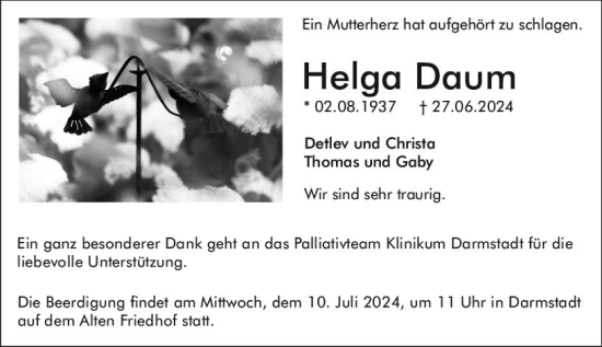 Traueranzeige von Helga Daum von Darmstädter Echo