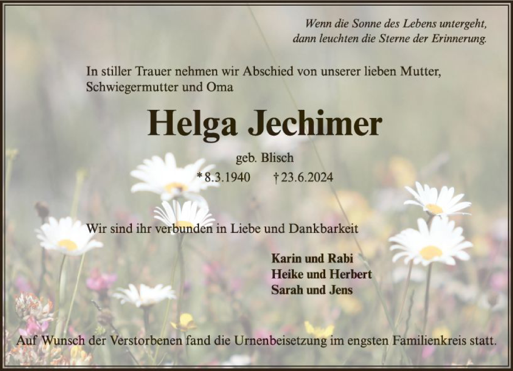  Traueranzeige für Helga Jechimer vom 13.07.2024 aus Rüsselsheimer Echo