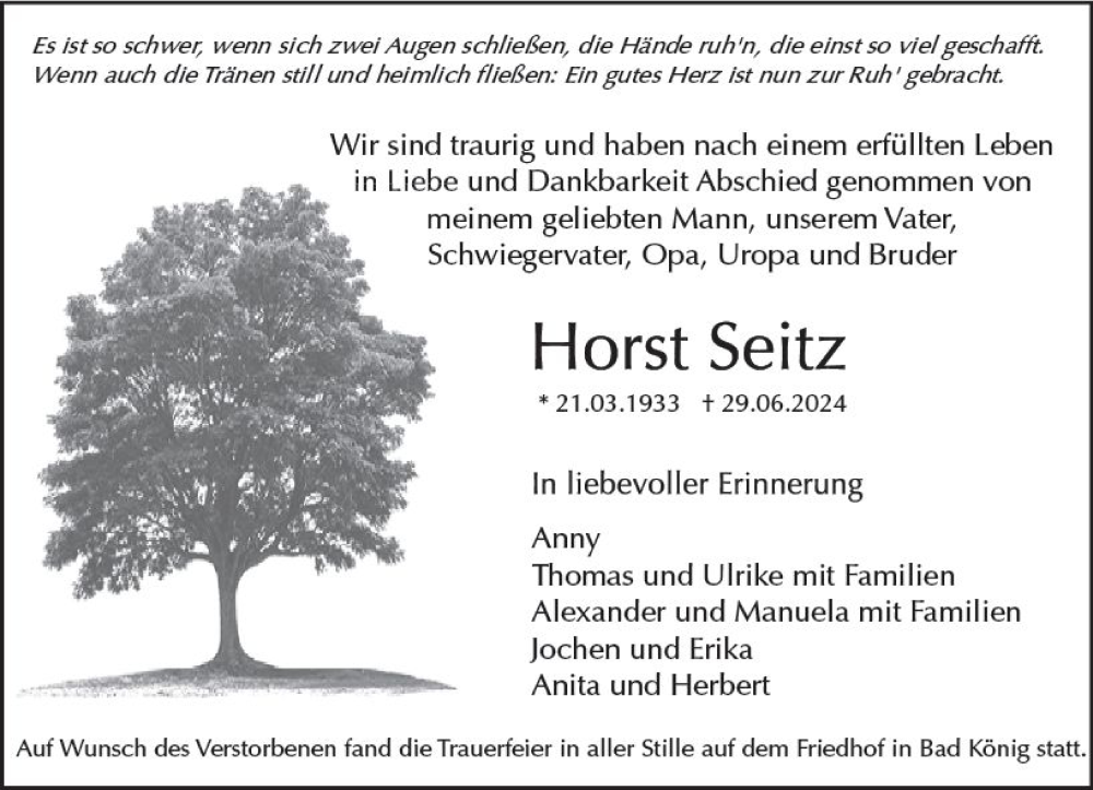  Traueranzeige für Horst Seitz vom 13.07.2024 aus Odenwälder Echo