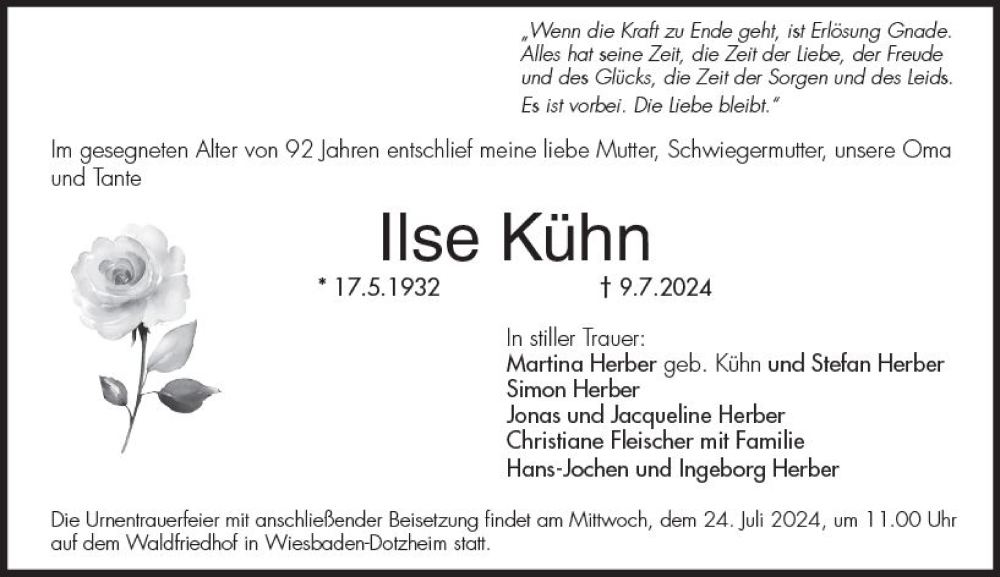  Traueranzeige für Ilse Kühn vom 13.07.2024 aus Wiesbadener Kurier
