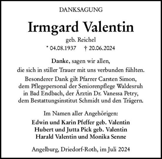 Traueranzeige von Irmgard Valentin von Hinterländer Anzeiger