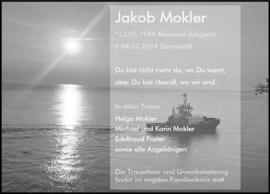 Traueranzeige von Jakob Mokler von Darmstädter Echo