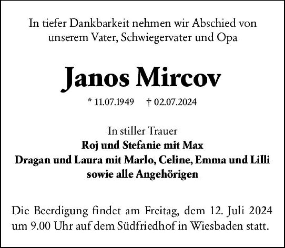  Traueranzeige für Janos Mircov vom 06.07.2024 aus Wiesbadener Kurier