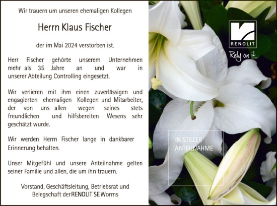 Traueranzeige von Klaus Fischer von Wormser Zeitung