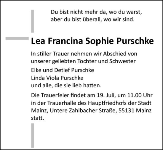 Traueranzeige von Lea Francina Sophie Purschke von Allgemeine Zeitung Mainz