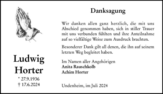 Traueranzeige von Ludwig Horter von Allgemeine Zeitung Mainz