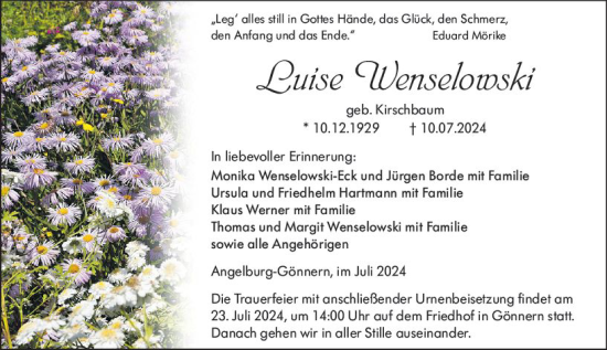 Traueranzeige von Luise Wenselowski von Hinterländer Anzeiger