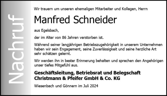 Traueranzeige von Manfred Schneider von Hinterländer Anzeiger